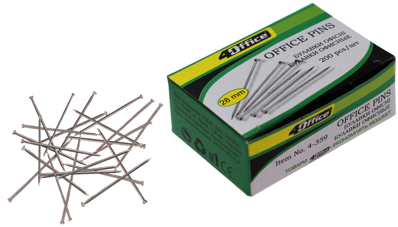 Шпильки канцелярські 4OFFICE (4-359), 28 мм, 200 шт., нікельовані